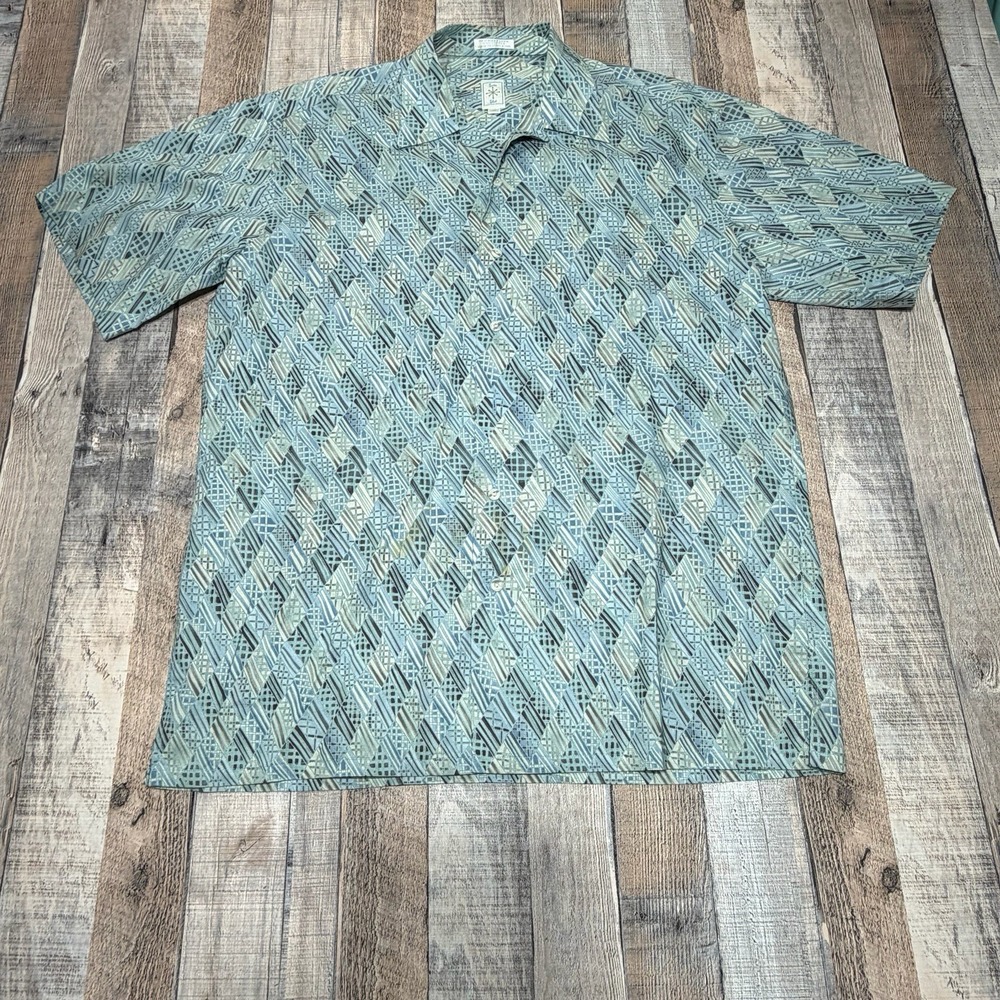 Burma Bibas Shirt Mens Medium‎ Blue Geometric Button Up Short Sleeve